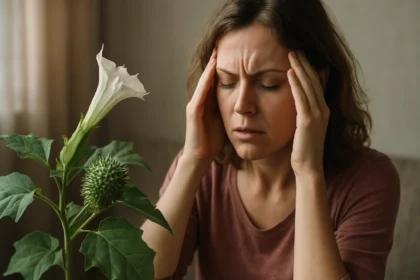 Žena trpiaca bolesťami hlavy v blízkosti rastliny durman obyčajný.