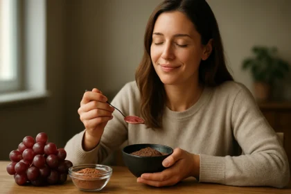 Žena si užíva mleté hroznové jadierka v zdravom jedle.