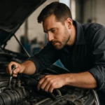 Mechanik kontroluje motor auta s nástrojom.