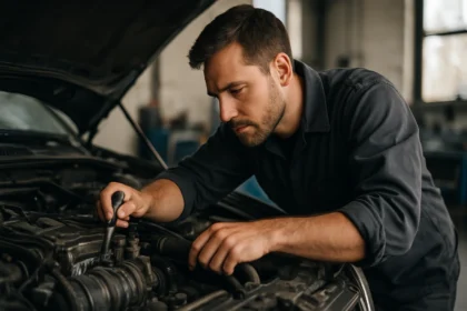 Mechanik kontroluje motor auta s nástrojom.