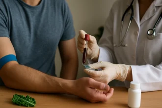 Lekár odoberá krv pacientovi na vyšetrenie vitamínu K