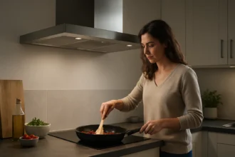 Žena varí na kuchynskej linke pod dvojmotorovým digestorom