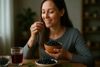 Žena si vychutnáva aróniu a jej zdravotné výhody.