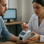 Žena používa detektor krvi na analýzu vzorky krvi pacienta.