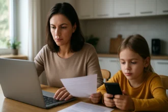 Žena a dieťa pracujúci na počítači a mobilnom telefóne v domácnosti