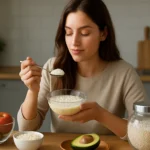 Žena vychutnávajúca si tapiokové perly v kuchyni