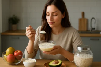 Žena vychutnávajúca si tapiokové perly v kuchyni