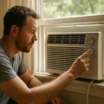 Muž nastavuje okennú klimatizáciu na chladenie vzduchu v miestnosti.