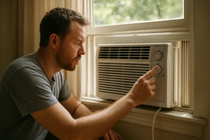 Muž nastavuje okennú klimatizáciu na chladenie vzduchu v miestnosti.