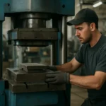 Pracovník obsluhujúci lisovací stroj na kovové komponenty v dielni.