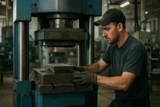 Pracovník obsluhujúci lisovací stroj na kovové komponenty v dielni.