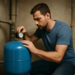 Muž kontroluje tlak hydroforovej nádrže pre stabilné zásobovanie vodou