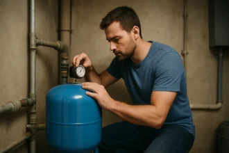 Muž kontroluje tlak hydroforovej nádrže pre stabilné zásobovanie vodou