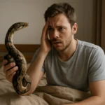 Muž so zmäteným výrazom drží hada v posteliovi