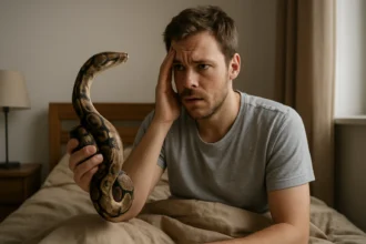 Muž so zmäteným výrazom drží hada v posteliovi