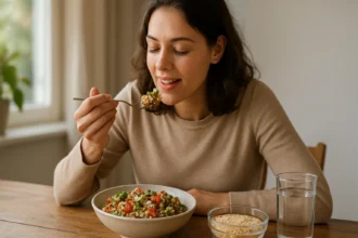 Žena vychutnáva si quinoa šalát so zeleninou a bylinkami.