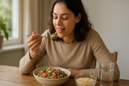 Žena vychutnáva si quinoa šalát so zeleninou a bylinkami.
