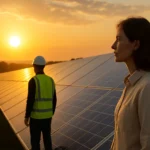 Žena a muž pri solárnych paneloch za západu slnka