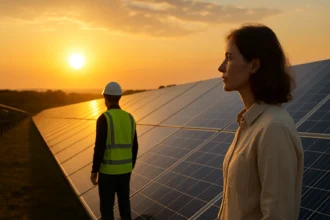 Žena a muž pri solárnych paneloch za západu slnka