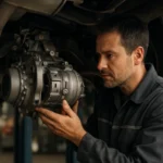 Mechanik skúma Haldex spojku pod autom, súčiastka pre AWD systémy.