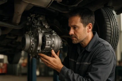 Mechanik skúma Haldex spojku pod autom, súčiastka pre AWD systémy.