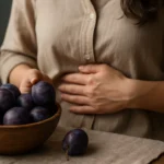 Žena so slivkami v miske, drží si brucho z dôvodu tráviacich ťažkostí