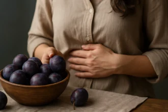 Žena so slivkami v miske, drží si brucho z dôvodu tráviacich ťažkostí