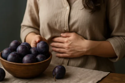 Žena so slivkami v miske, drží si brucho z dôvodu tráviacich ťažkostí