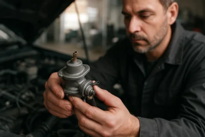 Mechanik kontroluje vákuový palivový kohútik v aute