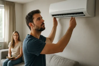 Muž nastavuje klimatizáciu v obývačke doma.