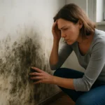 Mladá žena skúma plesnivé steny v interiéri, znepokojená zdravotnými rizikami.