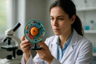 Žena skúma model bunky pod mikroskopom v laboratóriu.