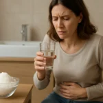 Žena s horkou soľou a pohárom vody, pociťujúca nepohodlie v bruchu