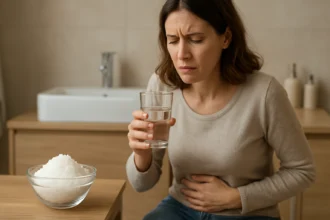 Žena s horkou soľou a pohárom vody, pociťujúca nepohodlie v bruchu