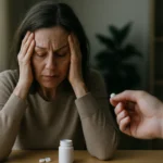 Žena trpiaca stresom a únavou pri užívaní antipsychotík.