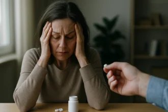 Žena trpiaca stresom a únavou pri užívaní antipsychotík.