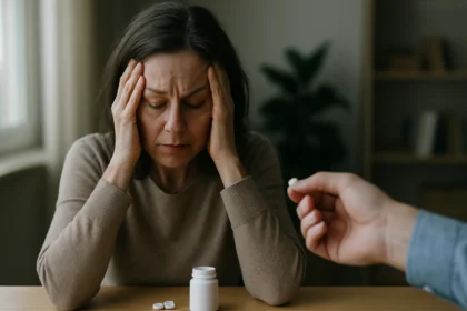 Žena trpiaca stresom a únavou pri užívaní antipsychotík.