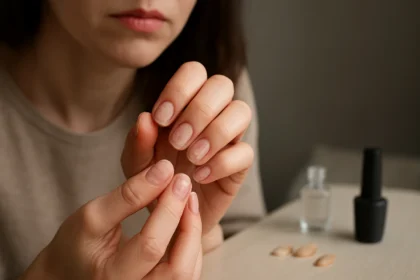 Žena s gélovým lakom kontroluje svoje nechty.