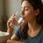 Žena pije slanú vodu, vedľa má misku s morskou soľou.