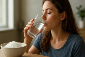 Žena pije slanú vodu, vedľa má misku s morskou soľou.