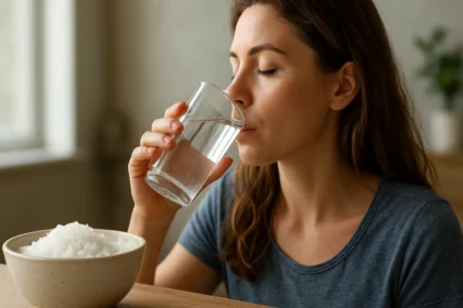 Žena pije slanú vodu, vedľa má misku s morskou soľou.