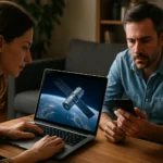 Pár sleduje satelit na notebooku doma, ilustrujúci vplyv satelitov na každodenný život.