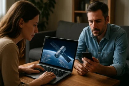 Pár sleduje satelit na notebooku doma, ilustrujúci vplyv satelitov na každodenný život.