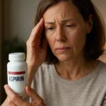 Žena drží fľašu aspirínu a vyzerá zamyslene kvôli vedľajším účinkom.