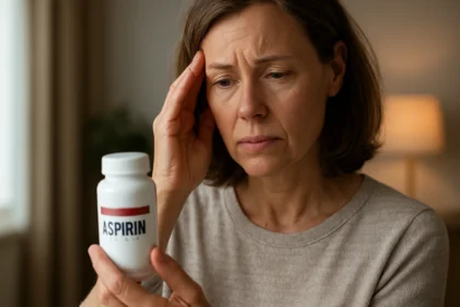 Žena drží fľašu aspirínu a vyzerá zamyslene kvôli vedľajším účinkom.