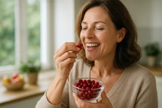 Žena si vychutnáva plody drieňa pre ich zdravie prospešné účinky.