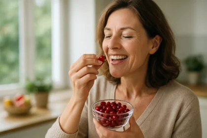 Žena si vychutnáva plody drieňa pre ich zdravie prospešné účinky.