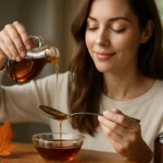 Žena nalievajúca javorový sirup do misky so spokojnosťou na tvári.