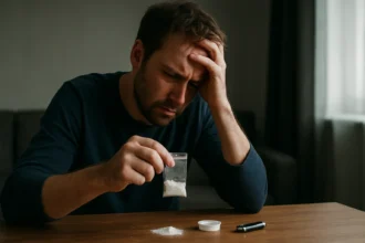 Muž za stolom, frustrácia z užívania alfa-PVP