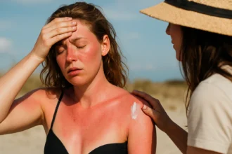 Žena s popálenou pokožkou na pláži, dostáva pomoc od priateľky.